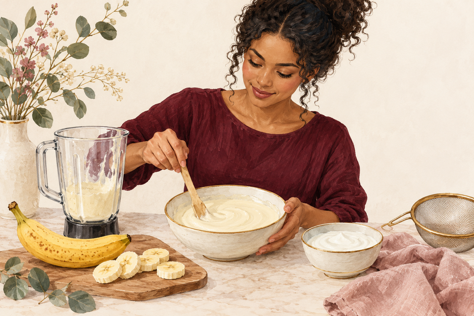 A woman stirs a smooth banana and yogurt mixture beside a blender and sieve.