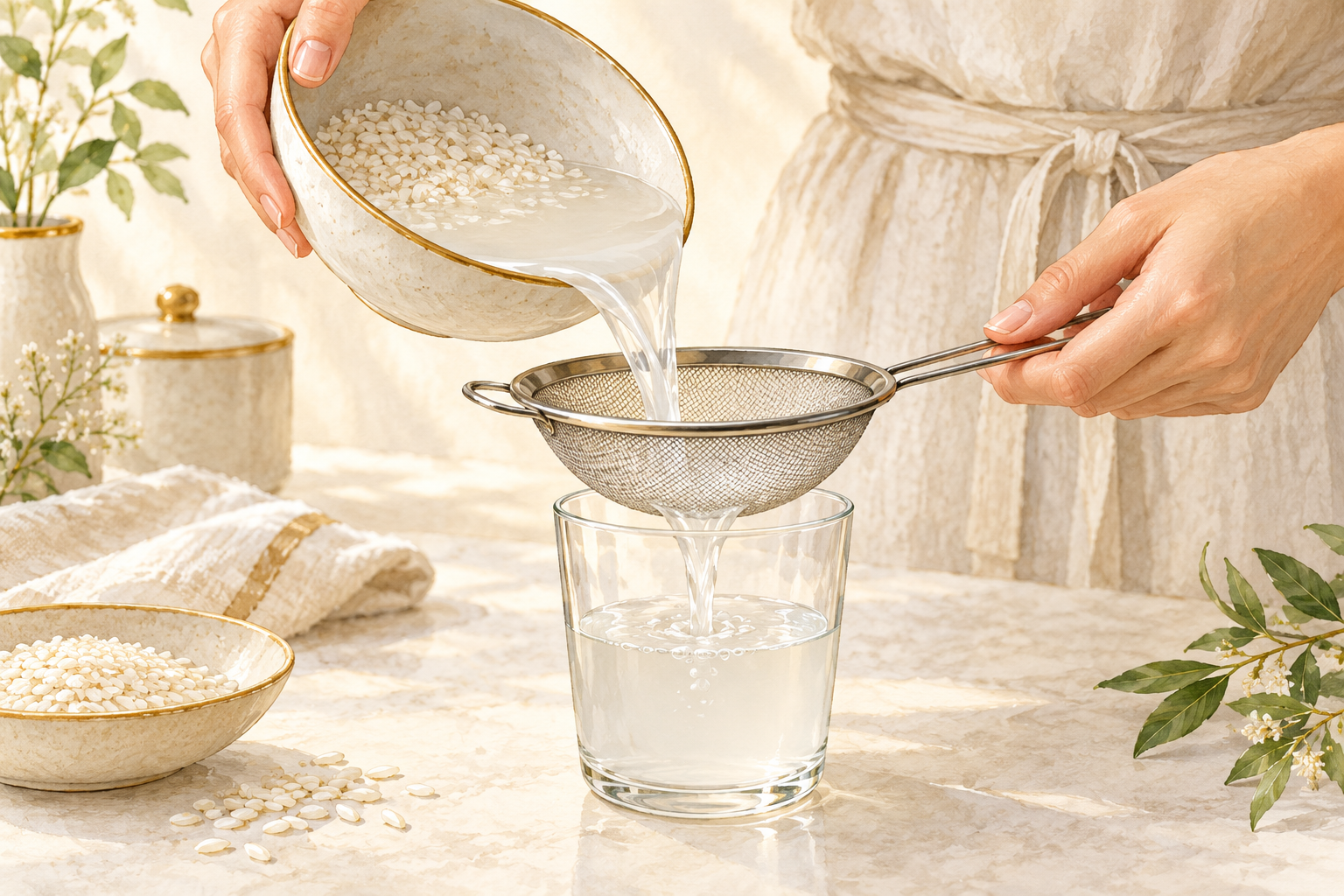 Fresh rice-soaking water is poured through a clean sieve into a clear glass beside a bowl of rice.