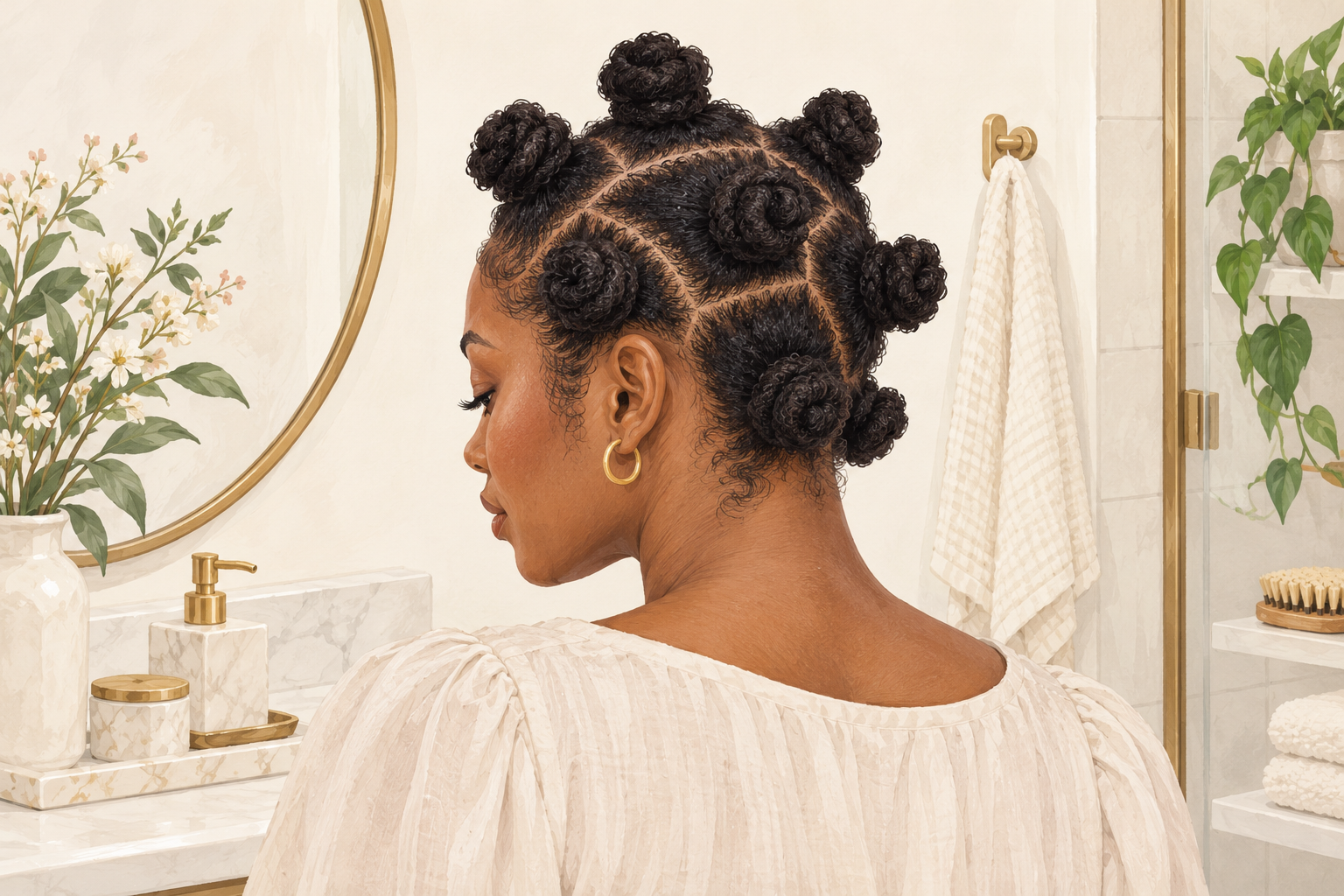 A woman with tightly coiled natural hair wears several loose bantu knots with relaxed roots.