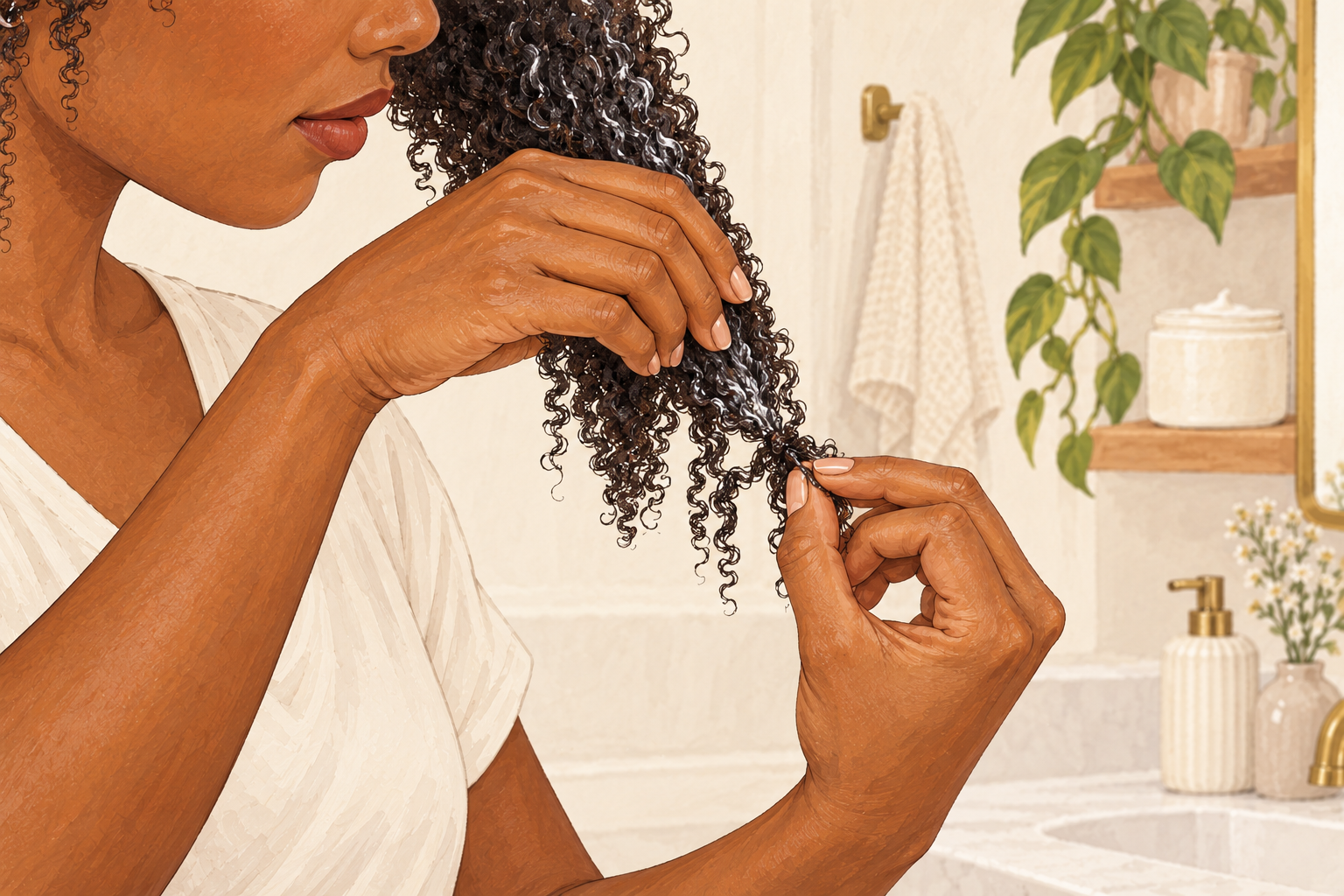 Two hands gently tease apart a small knot at the ends of a damp, conditioned section of coily hair.