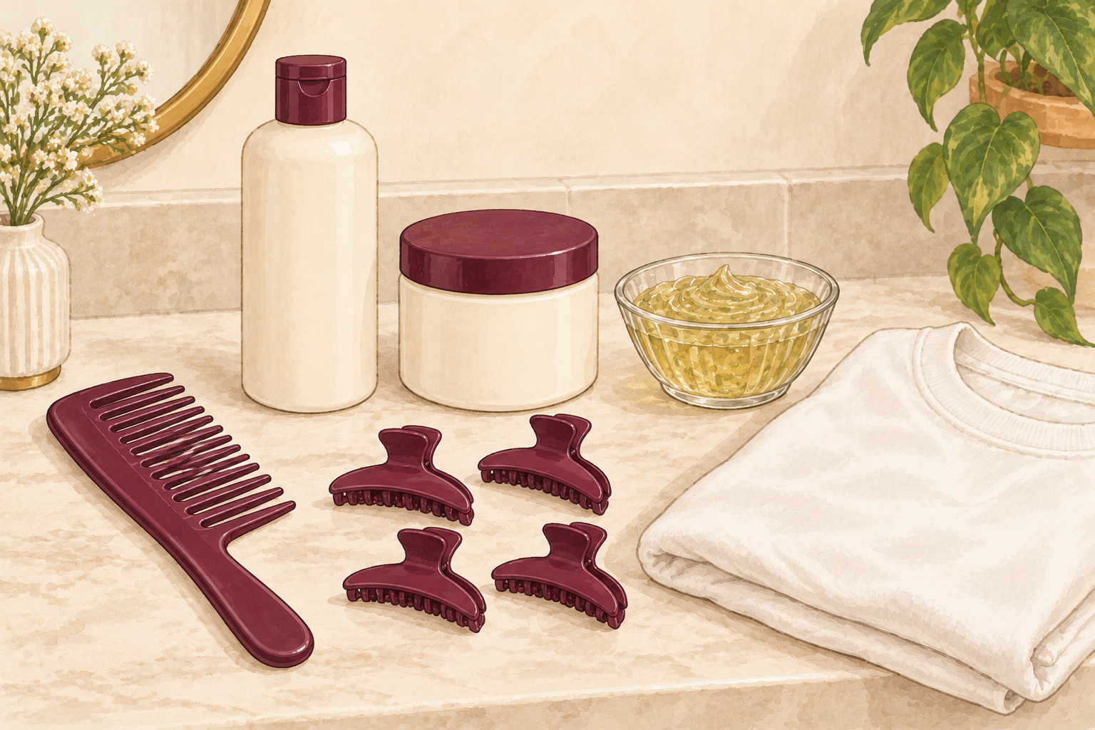 A wide-tooth comb, four clips, shampoo bottle, conditioner tub, bowl of gel and soft t-shirt arranged as a wash-day kit.