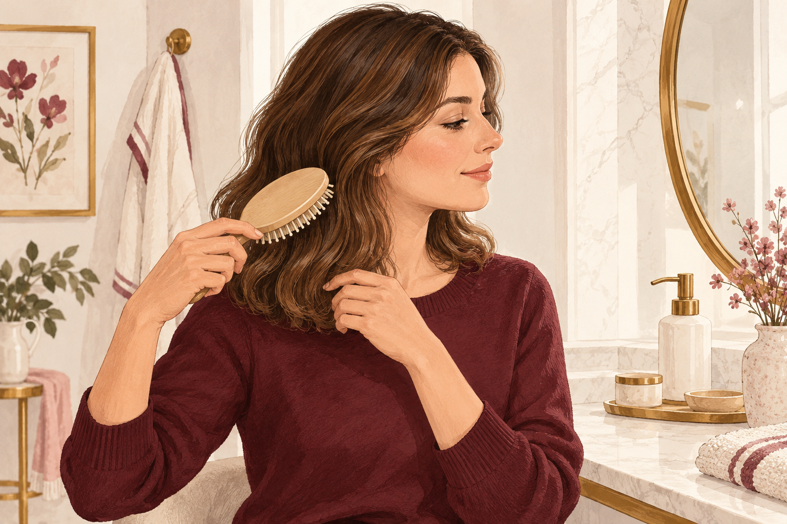 A soft bristle brush gently passes through dry, already detangled wavy hair.