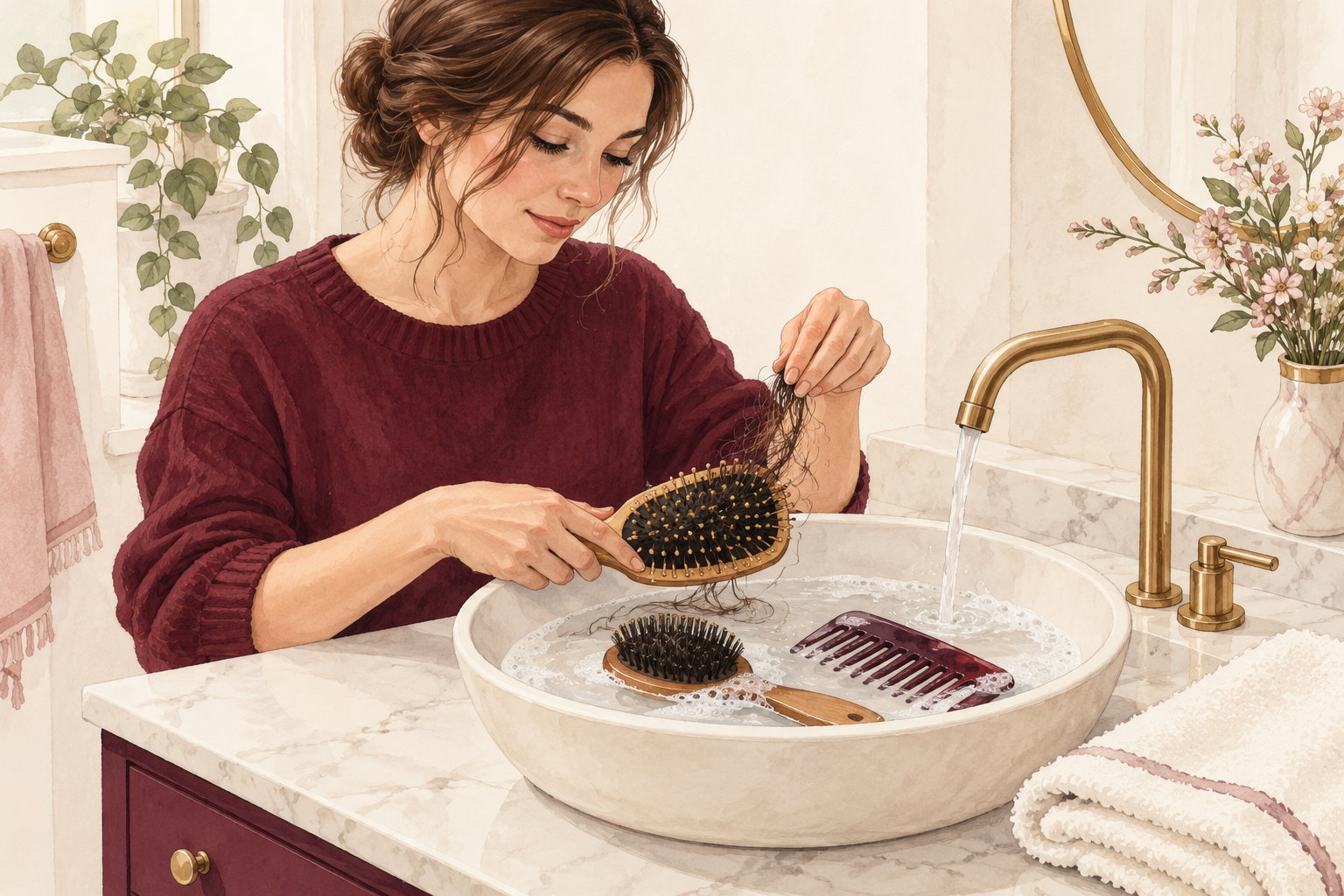 A brush and comb are washed in a shallow basin with soapy water beside a clean drying towel.