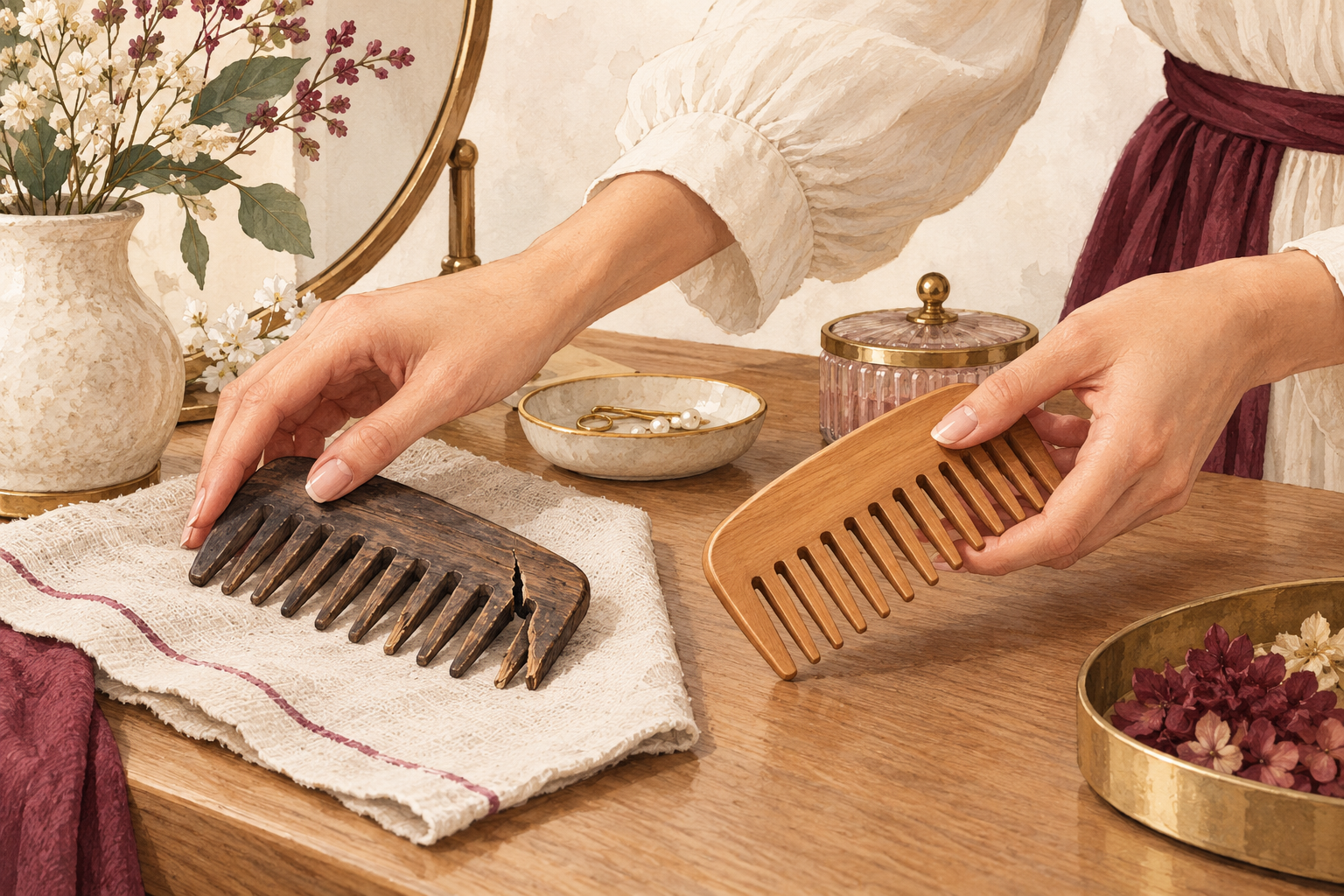 A visibly cracked rough-toothed comb is set aside beside an intact smooth wide-tooth comb.