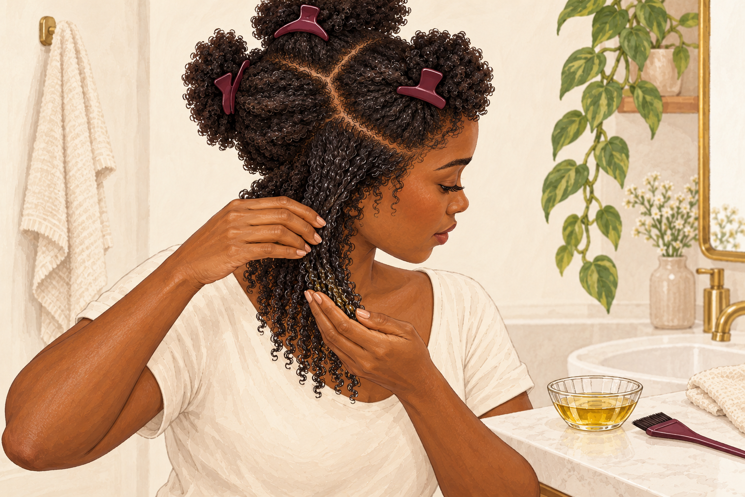 Hands smooth a small amount of oil through sectioned curl lengths, away from the scalp, beside an oil dish.