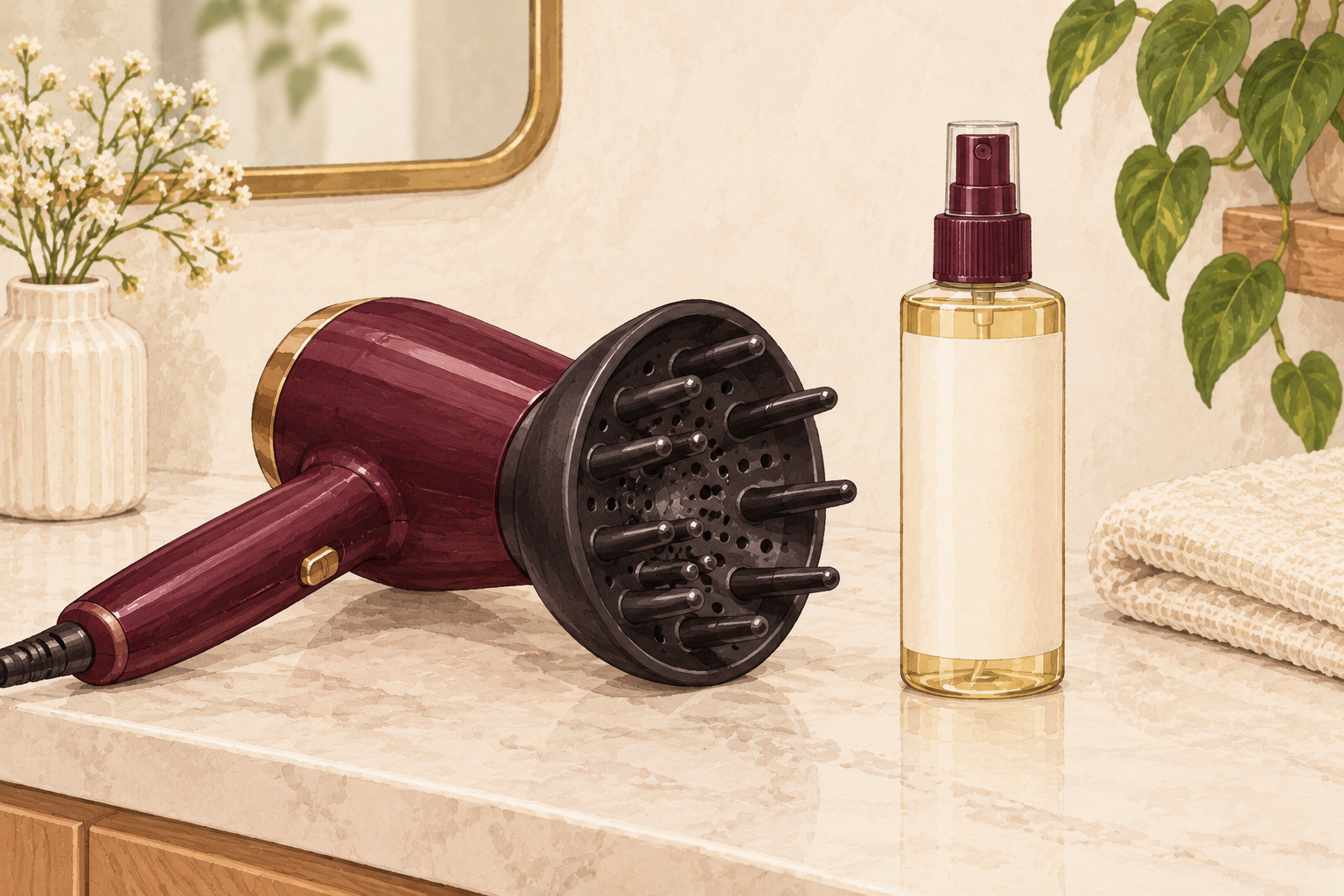 A diffuser hair dryer rests beside an unlabelled heat-protectant spray bottle.