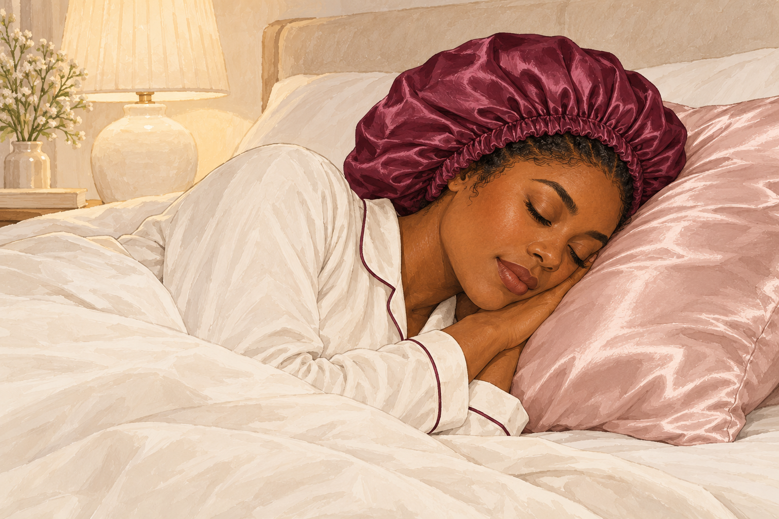 A woman rests with natural twists under a satin bonnet on a satin pillowcase.