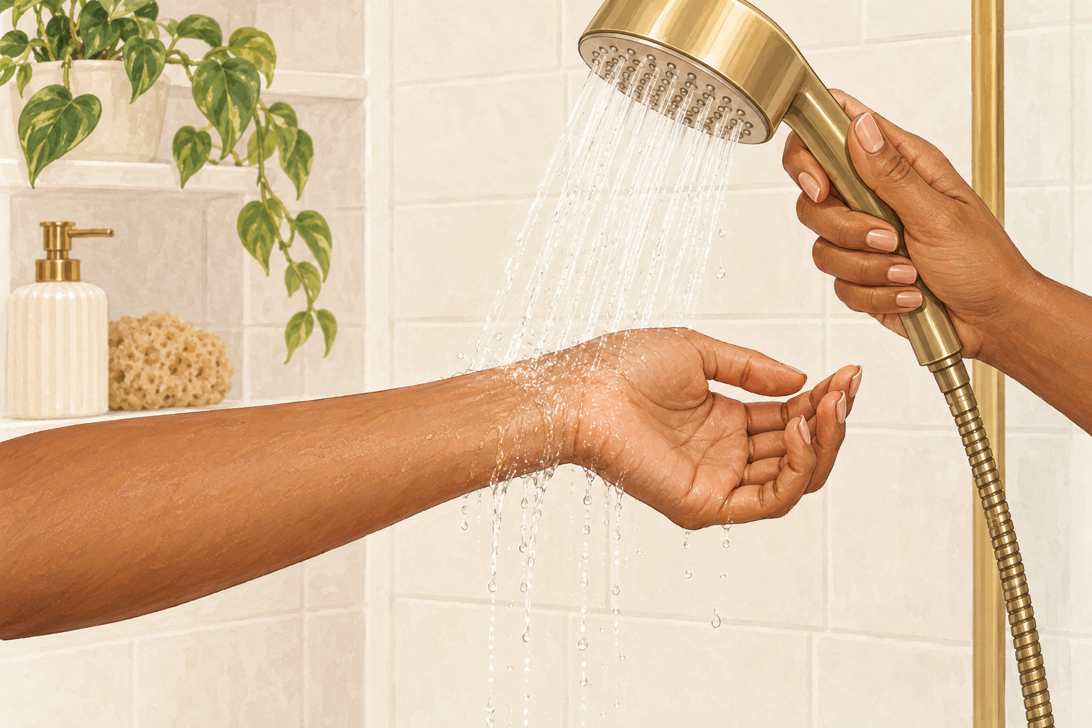 A hand checks shower water temperature against the inner wrist under a gentle stream.