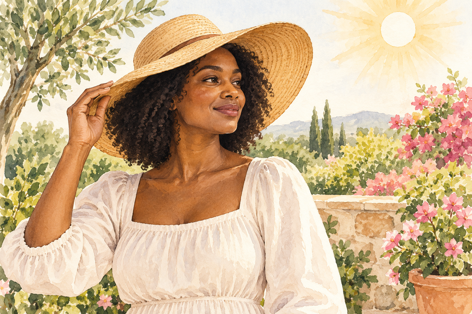 A woman wears a loose, wide-brimmed sun hat over her natural curls outdoors.