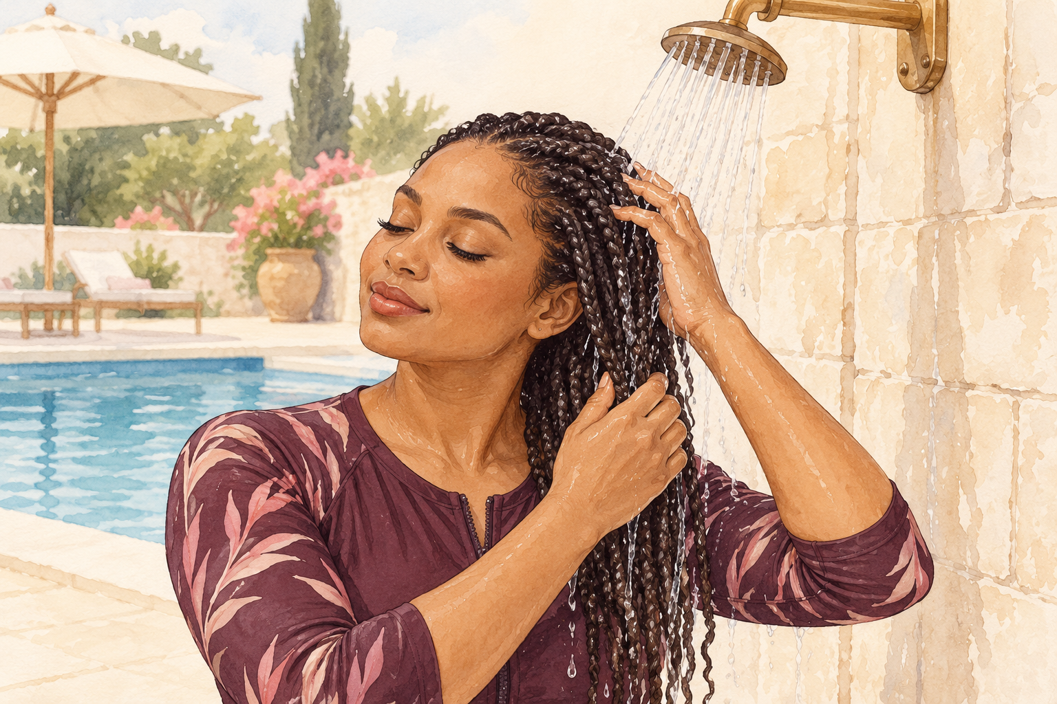 A woman in a modest swim cover-up rinses her braids with fresh water at a poolside rinse shower.