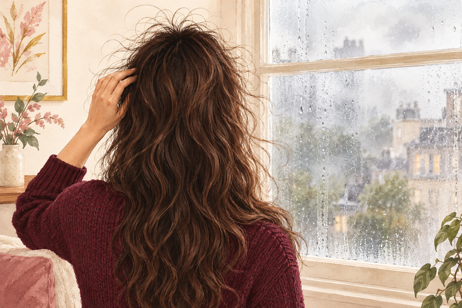 A woman with loose flyaways around her crown stands beside a softly fogged window.