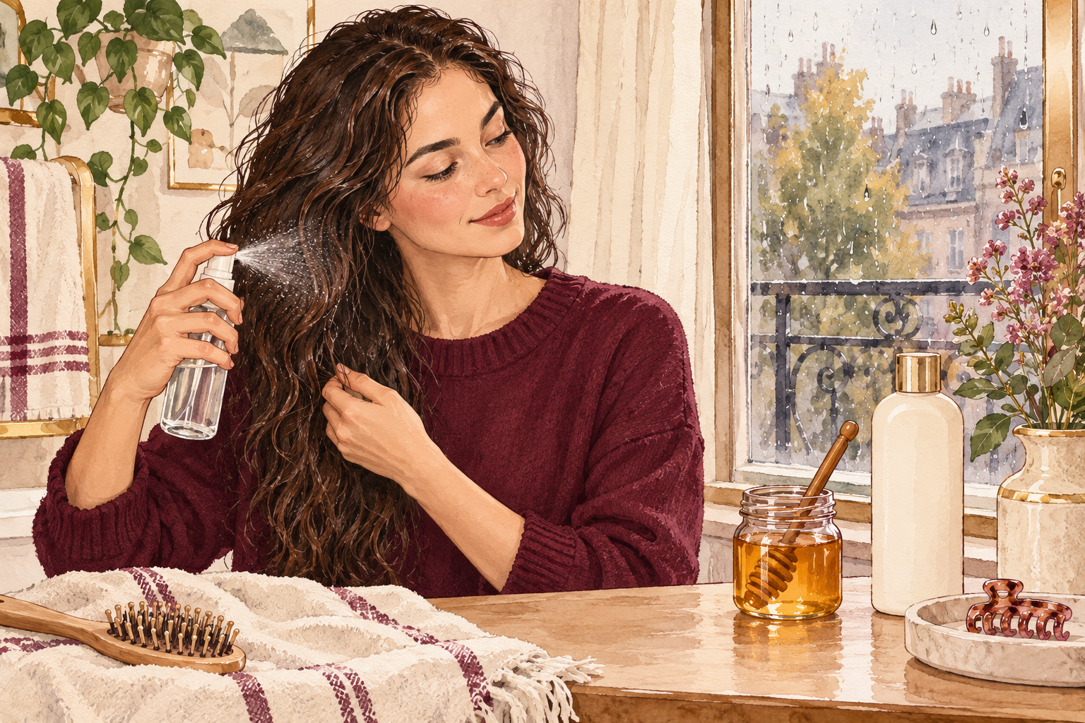 A woman mists her hair beside a honey jar, an unlabelled bottle and a rain-damp window.