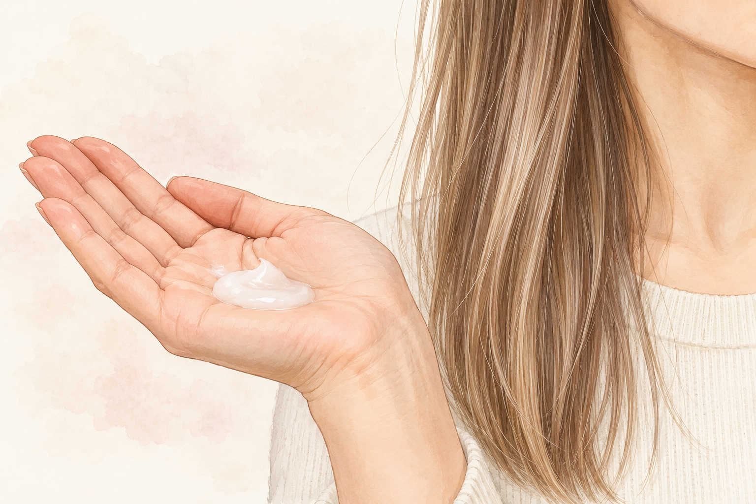 A small amount of thin, milky conditioner rests on an open palm beside long straight hair.