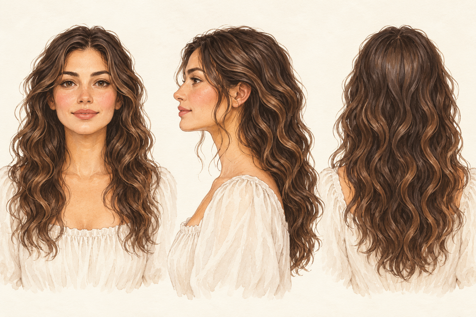 Three views show the same woman’s loose S-shaped waves from the front, side and back.