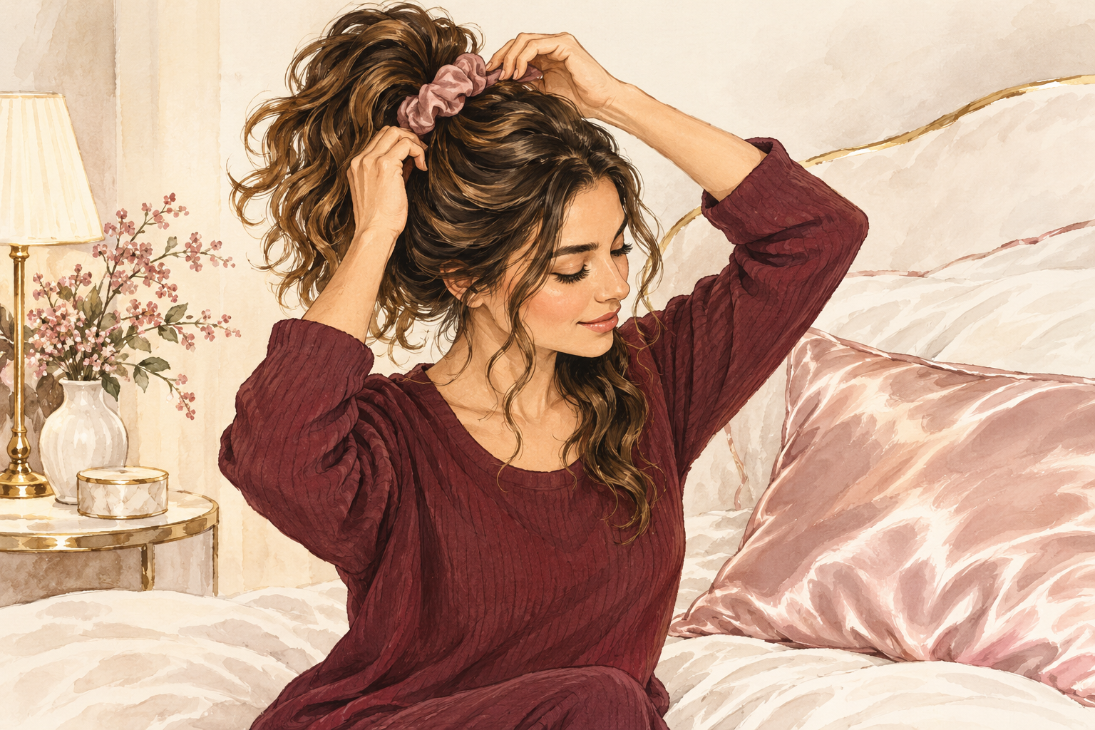 A woman with loose S-shaped waves gathers them into a relaxed pineapple beside a satin pillowcase.
