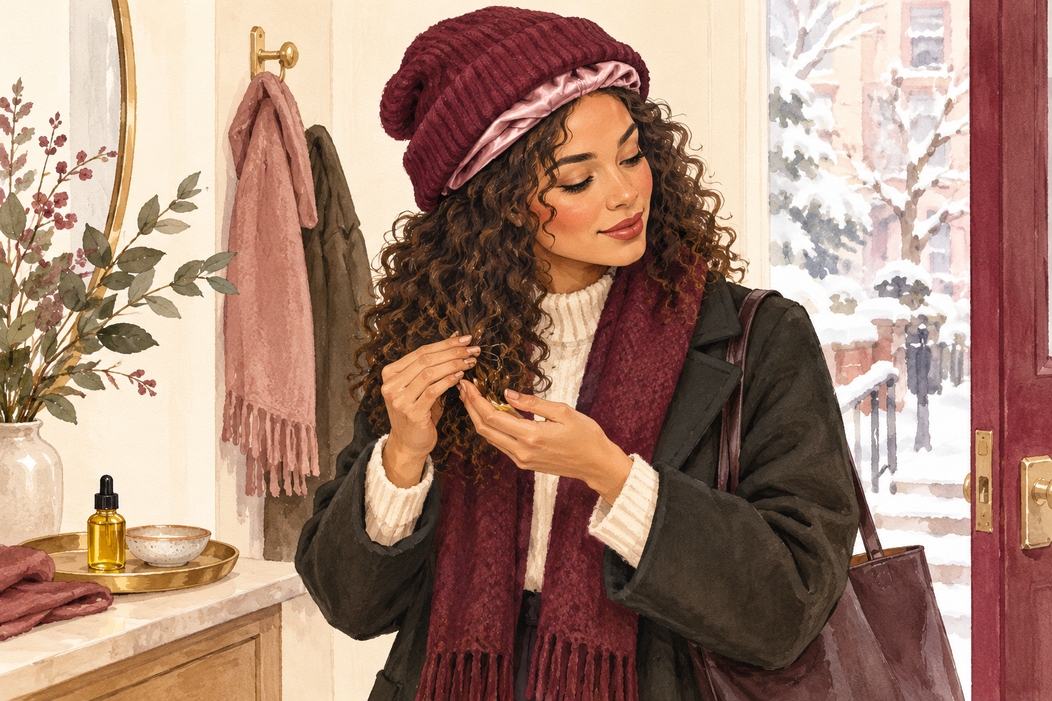 A woman in a satin-lined beanie gently holds her curl ends beside a small oil dropper.