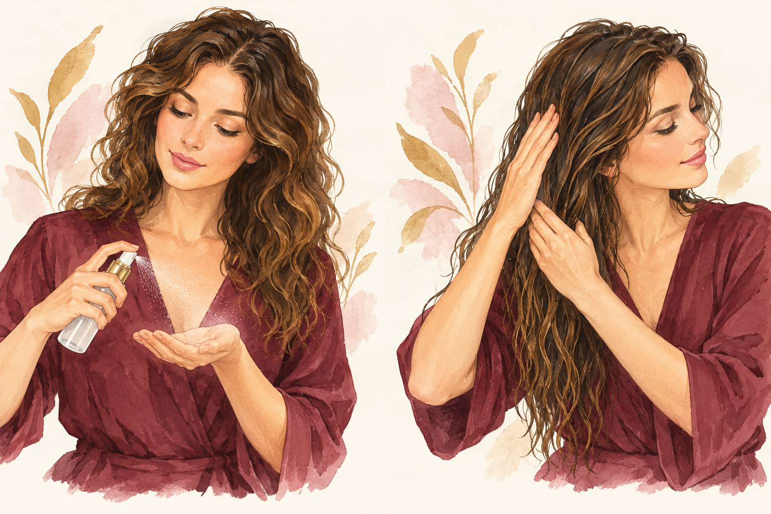 A woman lightly mists one hand and smooths loose waves downward with both palms.