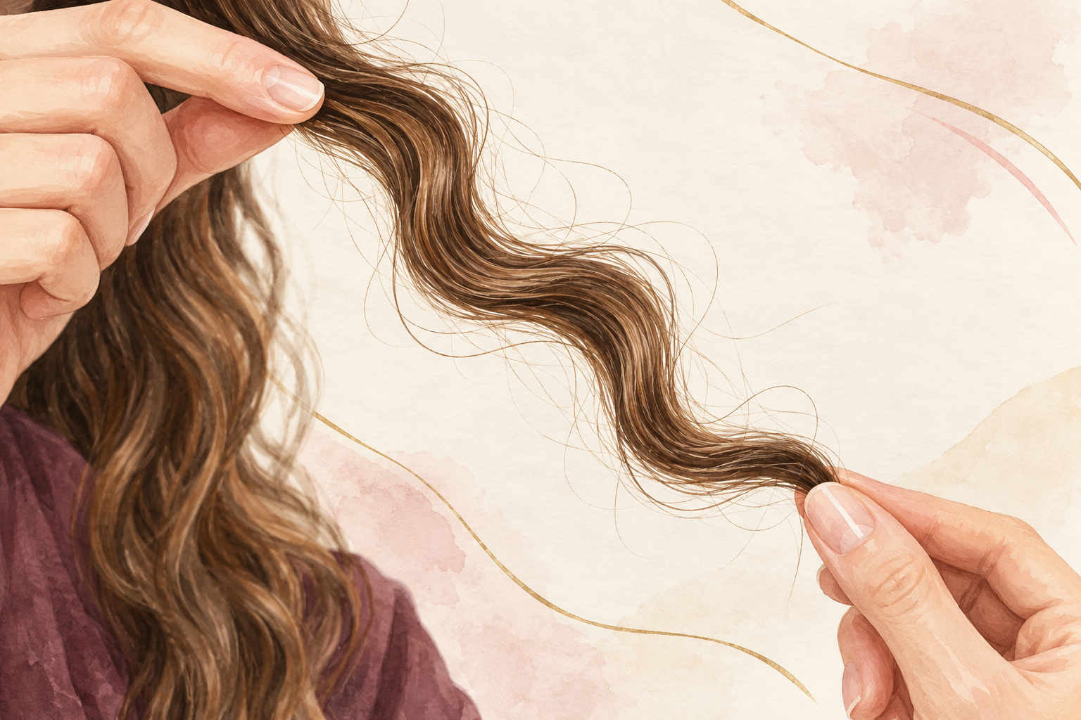 A single loose S-shaped wavy strand is held gently between two fingers, with a few fine flyaways along its bends.