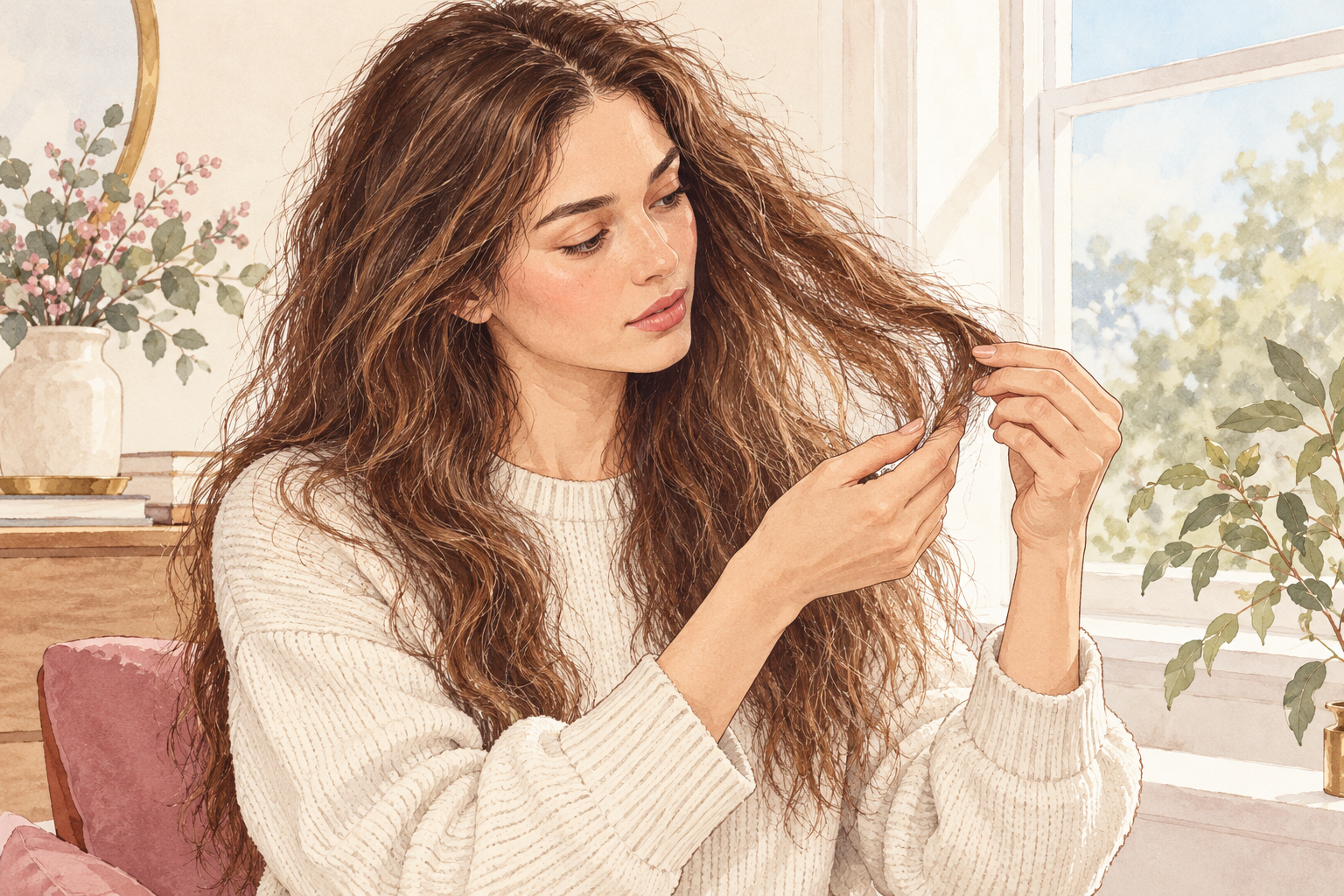 A woman with softly fuzzy hair looks toward a window in cool daylight.