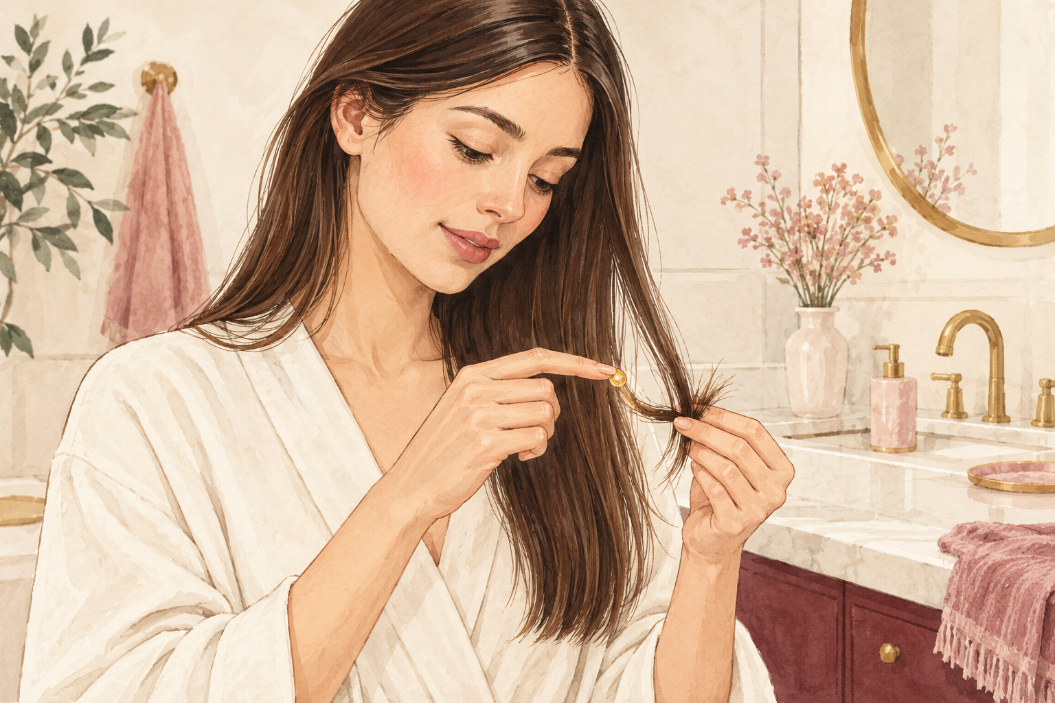A single tiny serum drop rests on a fingertip beside a fine straight hair section.