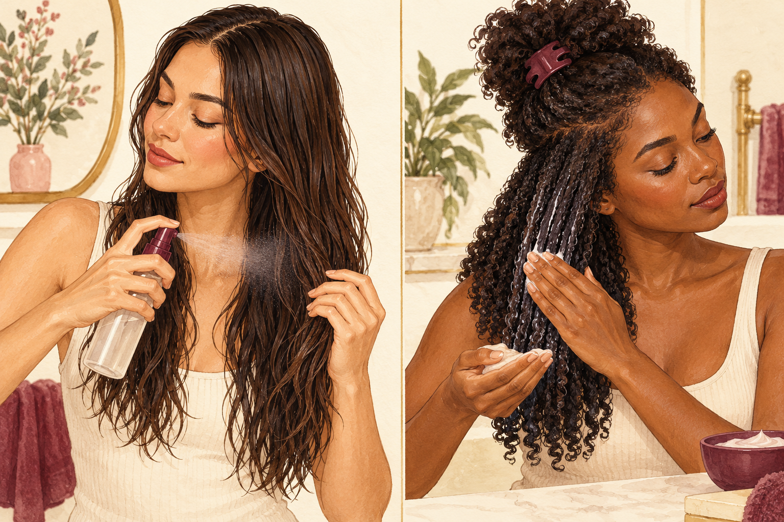 A light leave-in mist is applied to fine straight hair while a small amount of cream is smoothed over thick curls.