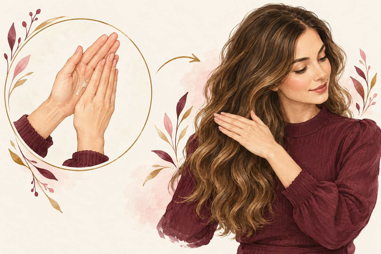 A woman presses a small amount of serum between her palms and glides one palm over dry S-shaped waves.