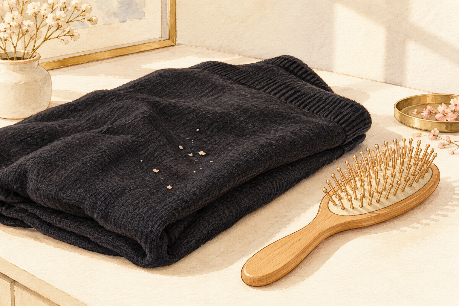 A few small pale flecks rest on dark cloth beside a soft brush in daylight.