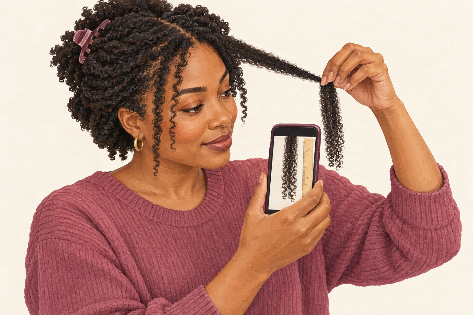 A woman holds a stretched hair section beside a phone showing hair ends next to a ruler for her monthly record.