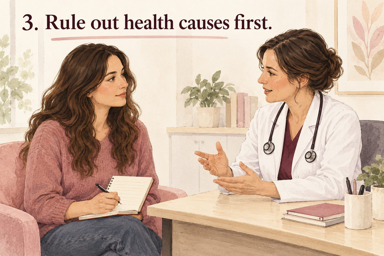 A woman discusses questions with a clinician; the image is headed “3. Rule out health causes first.”