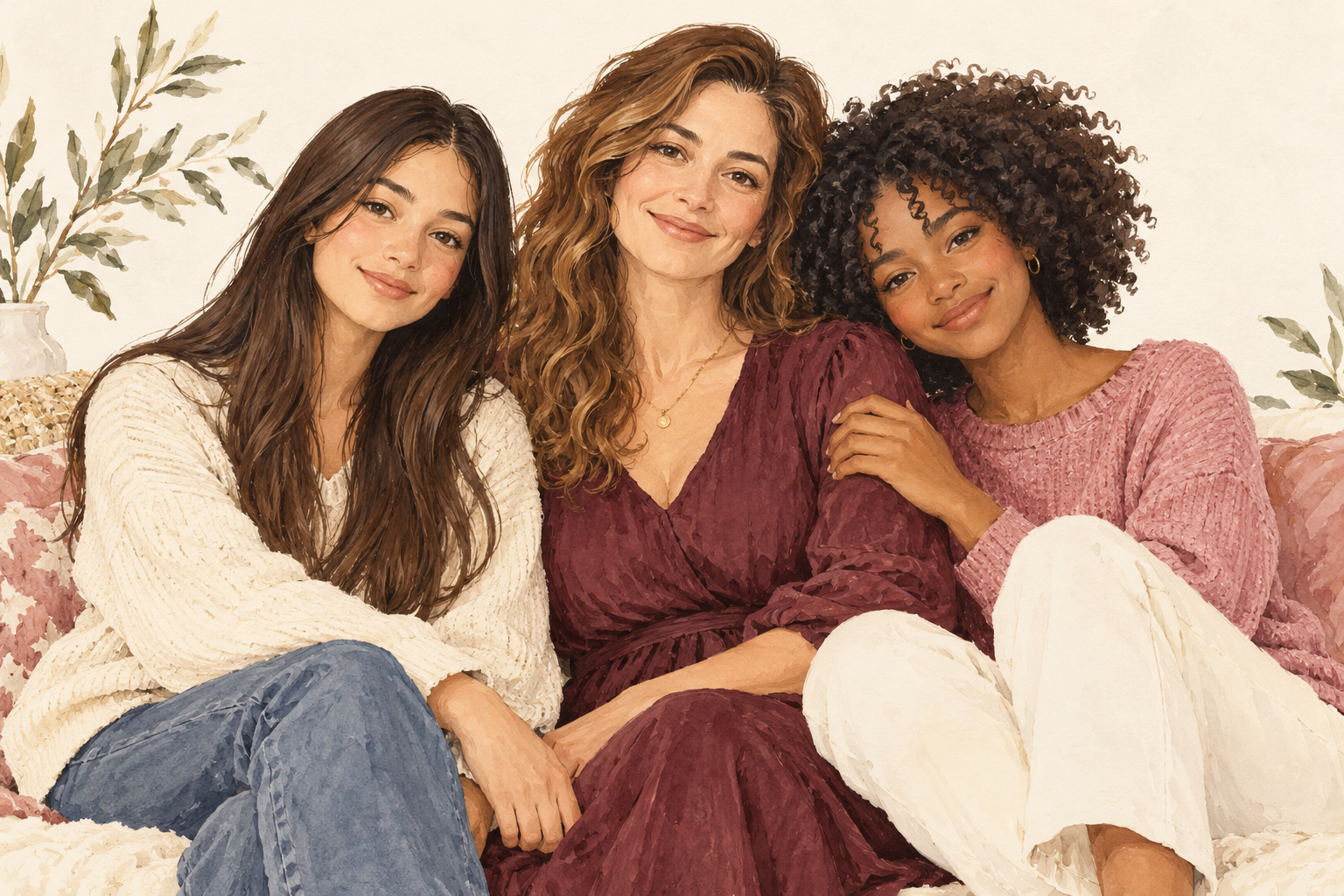 Three women with straight, wavy, and coily hair sit together in a relaxed portrait.