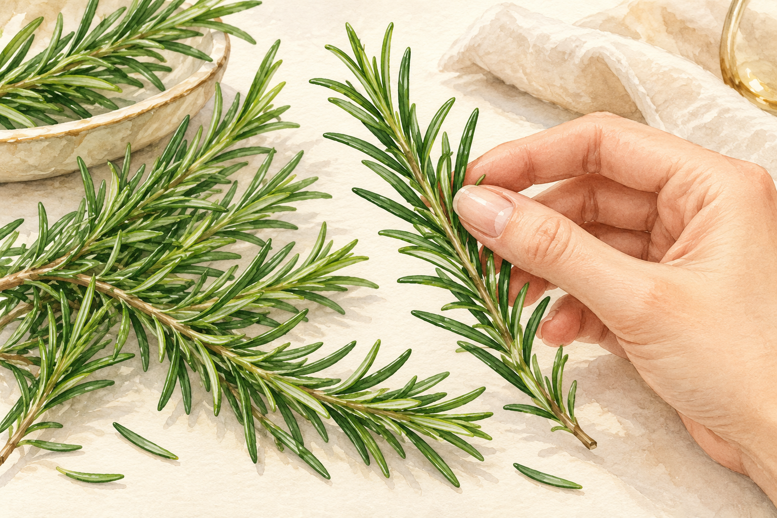Fresh green rosemary sprigs are inspected on a cream tabletop.