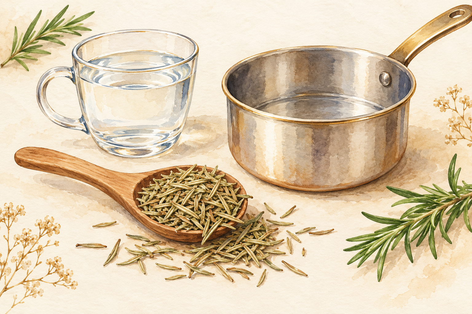 A spoonful of dried rosemary rests beside a small clean saucepan.