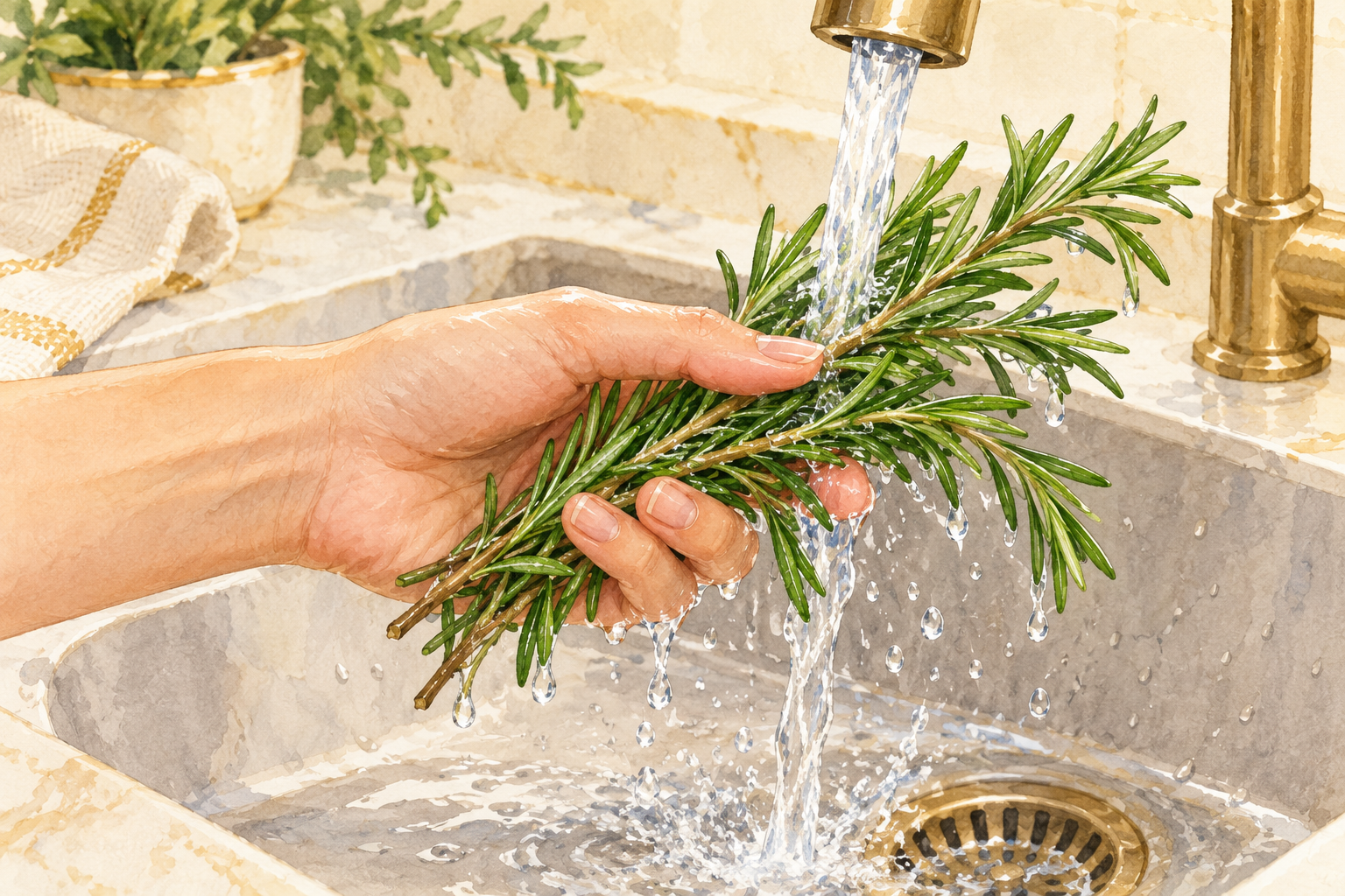 A hand rinses fresh rosemary sprigs under a gentle stream of cool water.