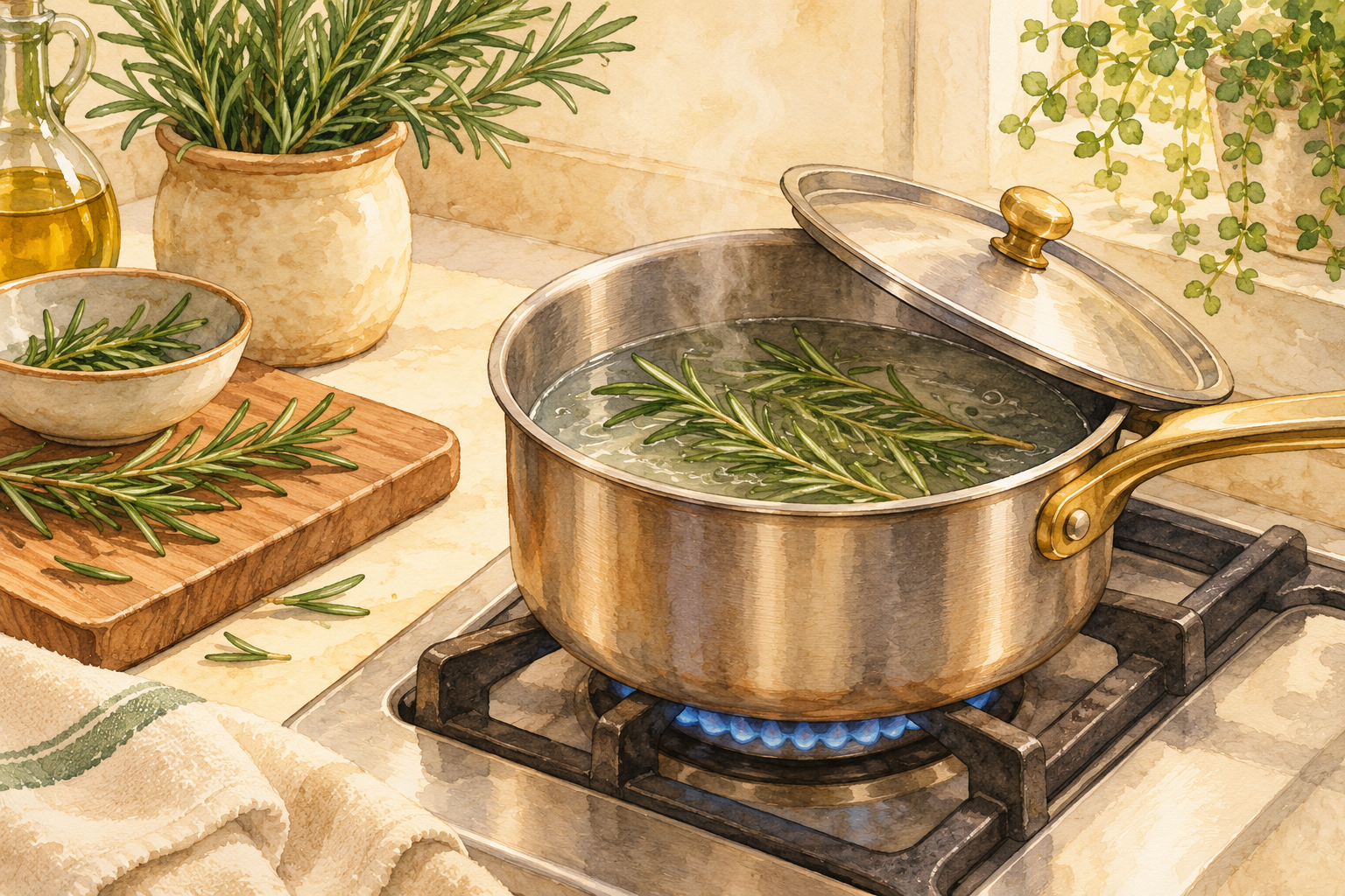 Rosemary simmers gently in a small saucepan with only a few bubbles visible.