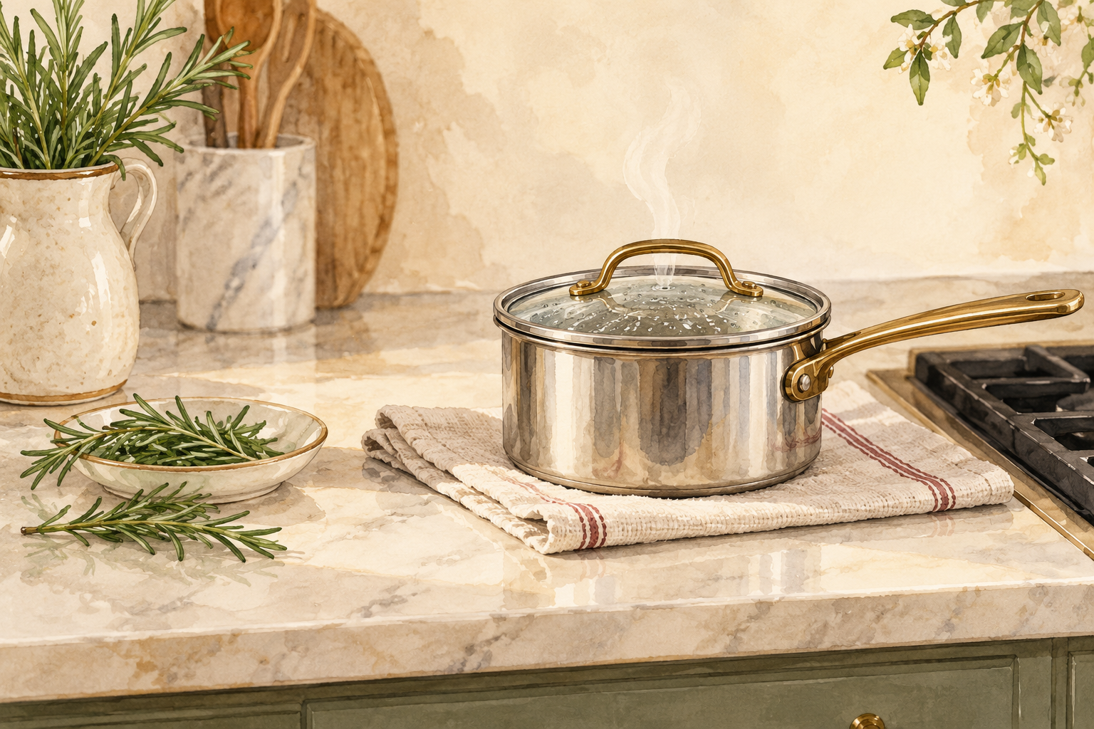 A covered saucepan rests off the burner while rosemary water cools.