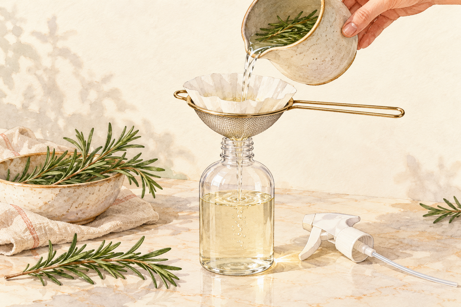 Cooled rosemary water pours through a coffee filter and fine strainer into a clean open spray bottle, with its nozzle detached beside it.