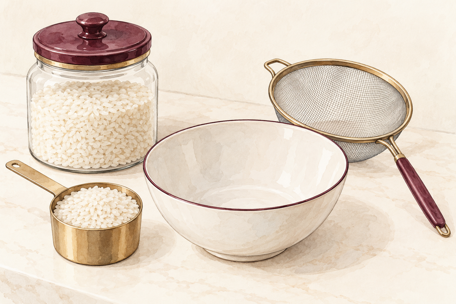 A clean bowl, fine strainer, plain white rice and a lidded jar are arranged on a counter.