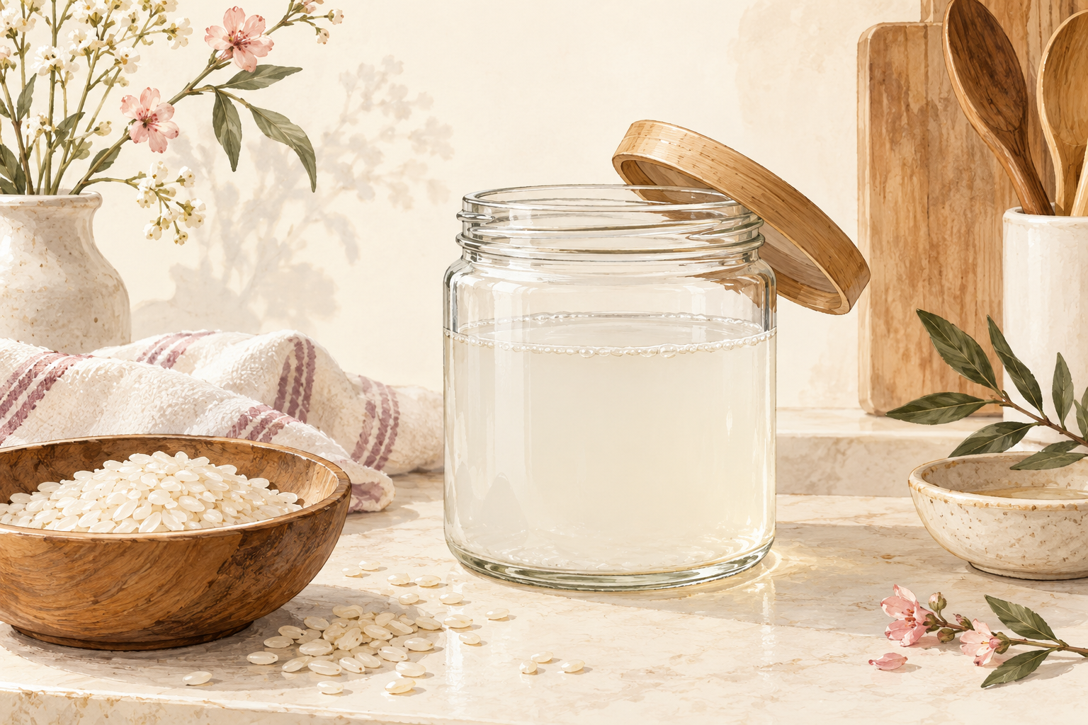 A glass jar of cloudy pale liquid sits on a counter with its lid resting loosely above the rim.