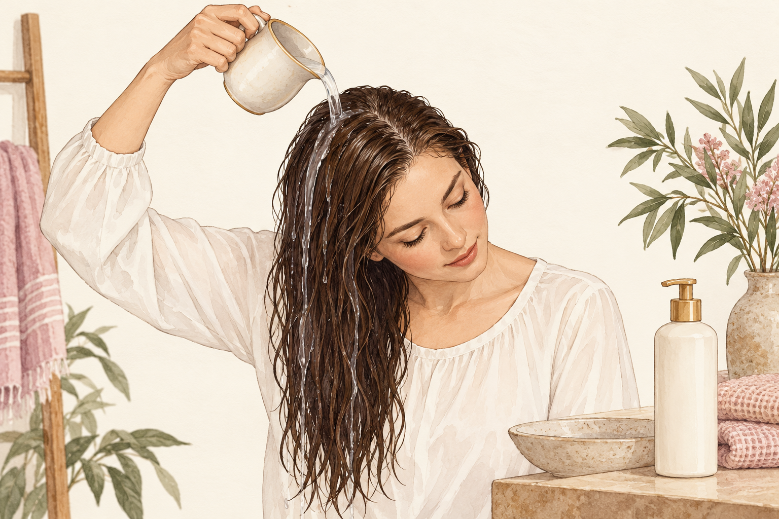 A fully clothed woman pours water from a small jug over wet hair beside an unbranded pump bottle.