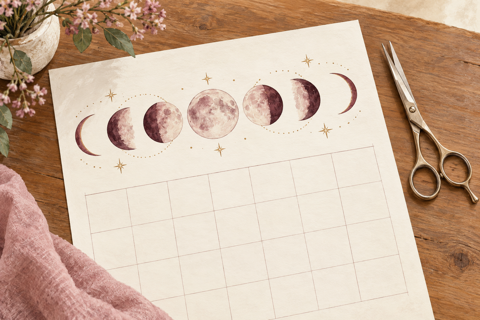 A blank calendar page with the moon phases lies beside a pair of closed scissors.