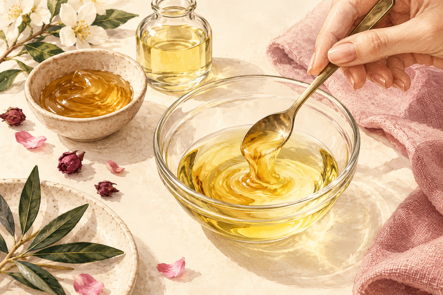 A spoon stirs a thicker golden oil into a lighter oil in a glass bowl.
