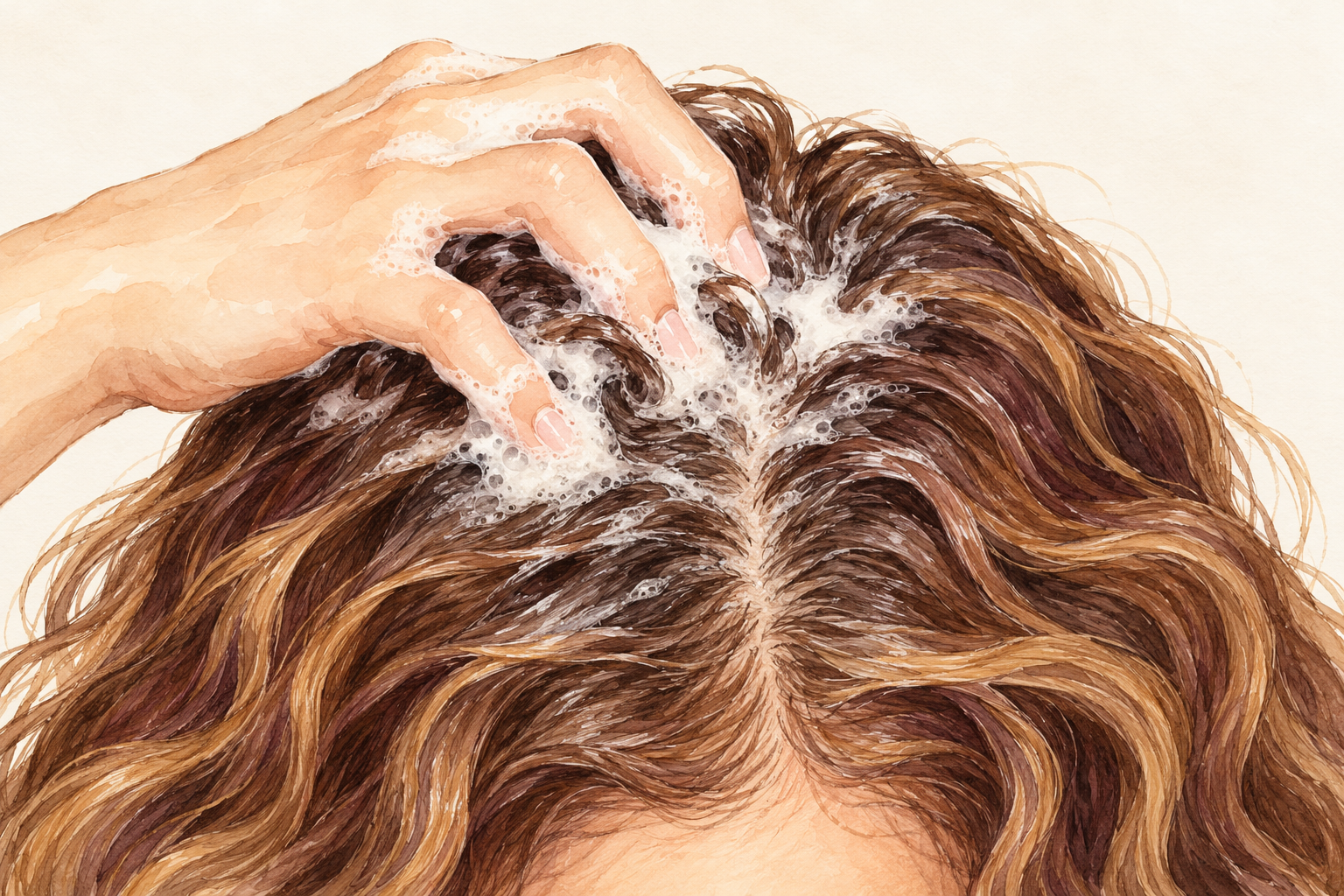 A clothed woman works shampoo foam along the scalp.