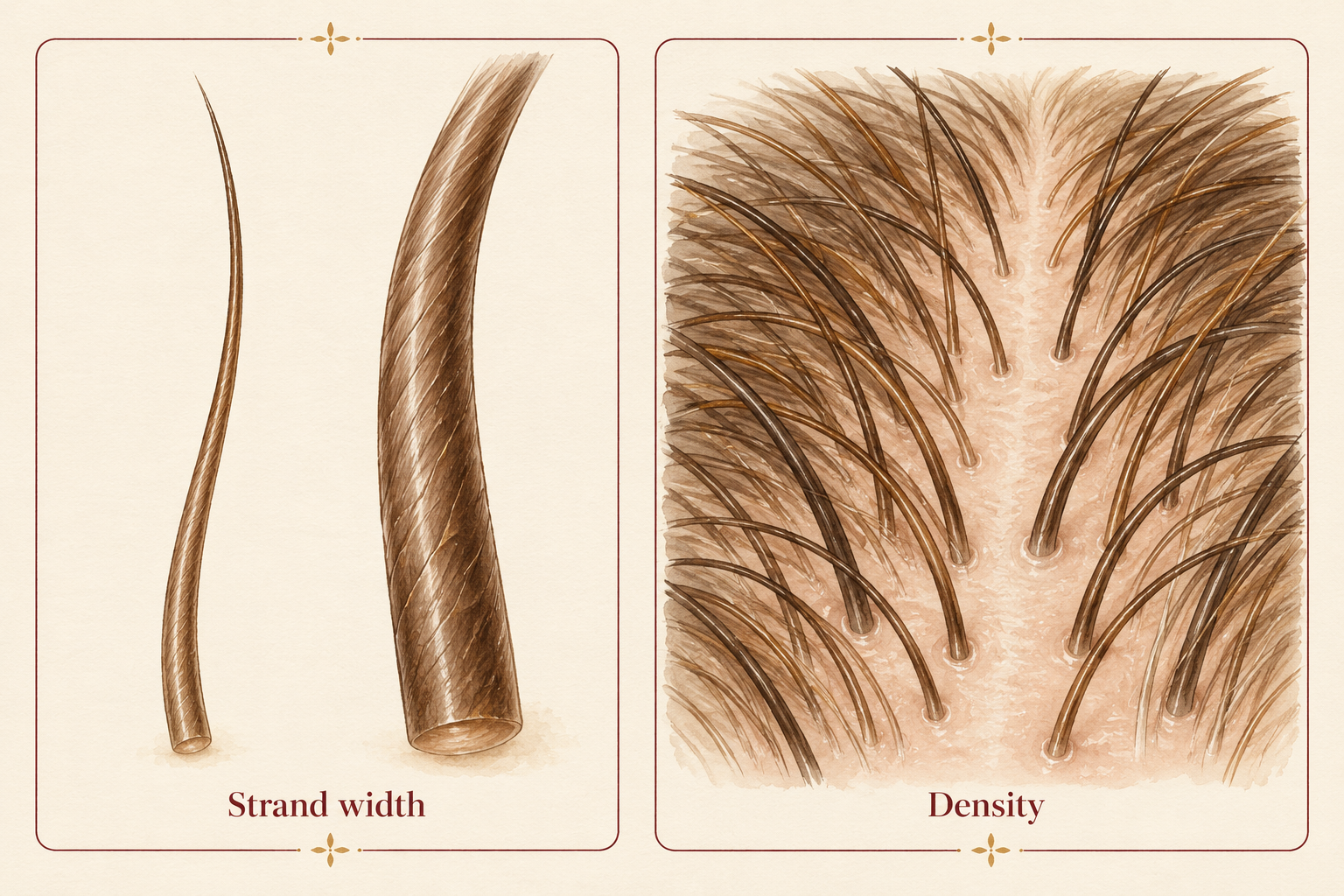 Two panels show one fine and one thicker individual strand beside a scalp-part view with individual hair shafts, labeled Strand width and Density.