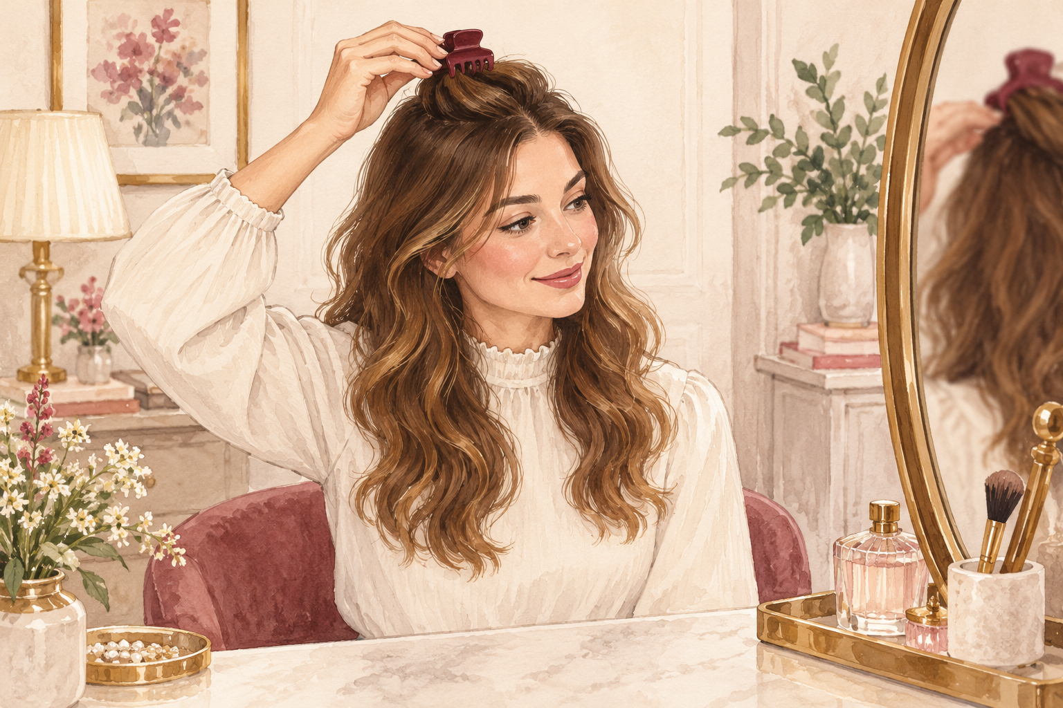 A clothed woman places a small clip at the crown to lift the roots of her loose waves.