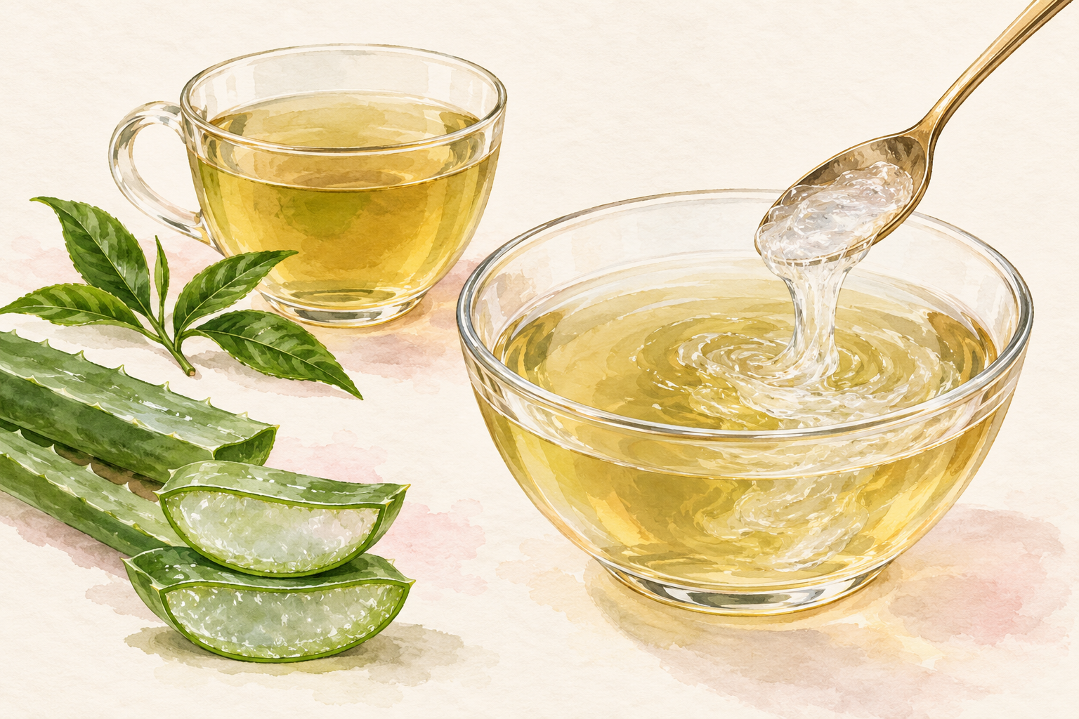 A cup of pale tea sits beside aloe pieces and a bowl being stirred with clear gel.