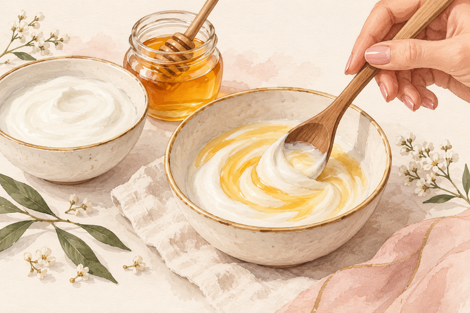 A wooden spoon stirs a creamy pale mixture beside a bowl of yogurt and a jar of honey.