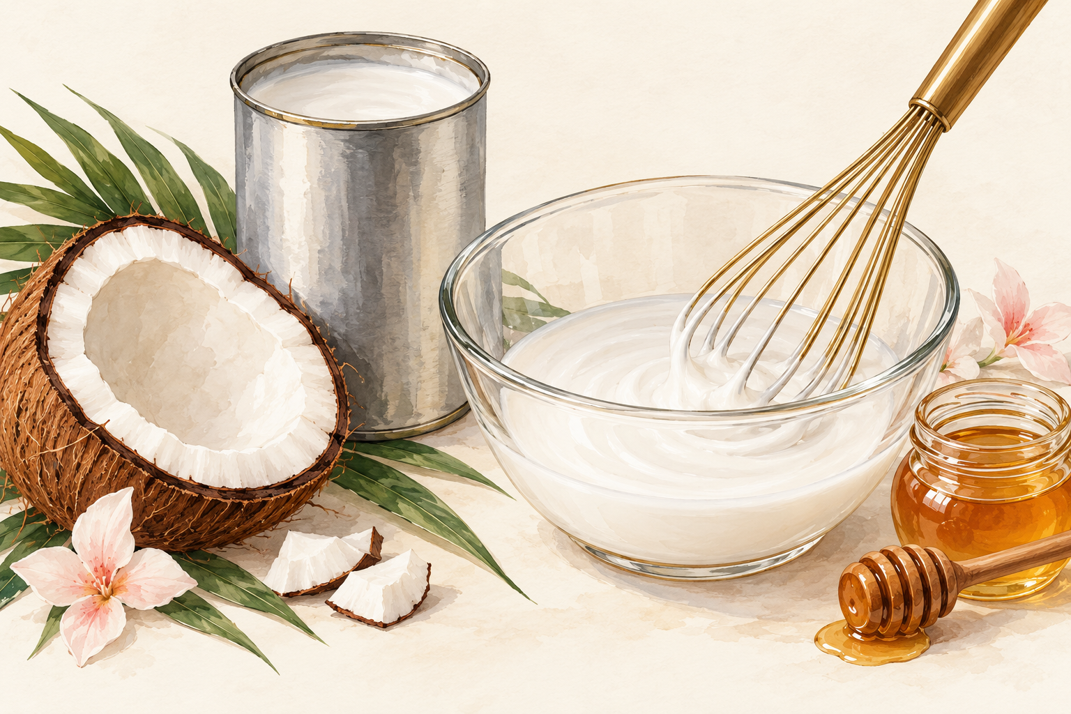 A whisk rests in a bowl of white liquid beside an open can, coconut halves and a jar of honey.