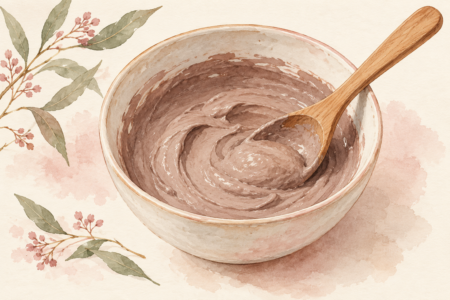 A smooth clay-and-water paste in a ceramic bowl with a wooden spoon.