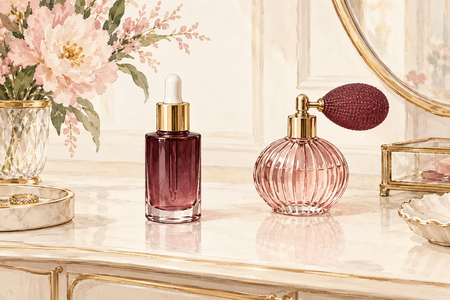 An unlabelled serum dropper bottle and a separate perfume atomizer sit apart.