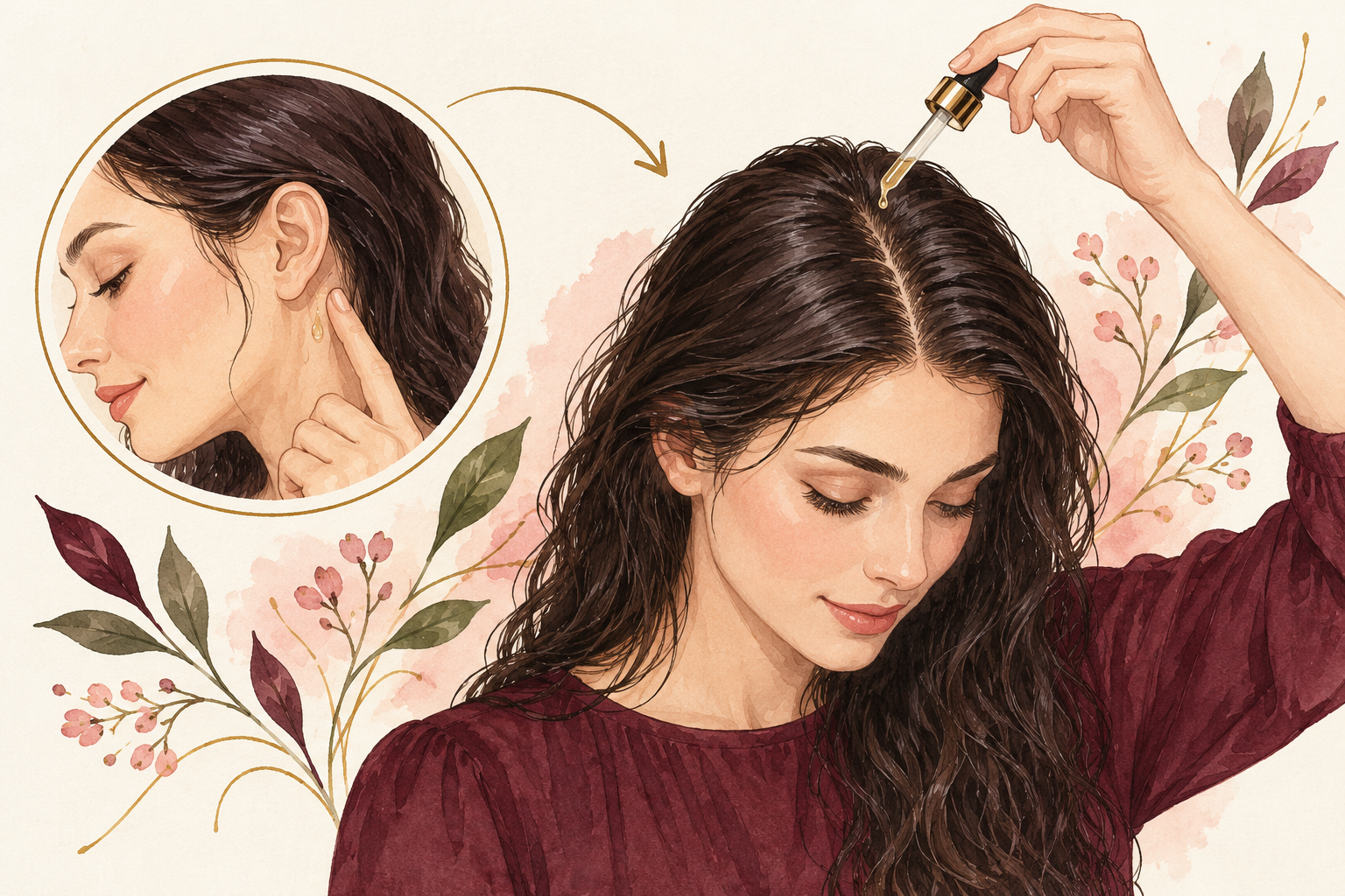 A dropper hovers above a parted scalp, with a behind-ear patch-test illustration in an inset.